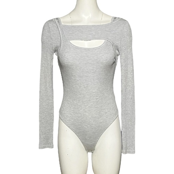 Citizens of Humanity Dasha Bodysuit Gray Rib Knit Cut Out Long Sleeve Size Small - Picture 3 of 11